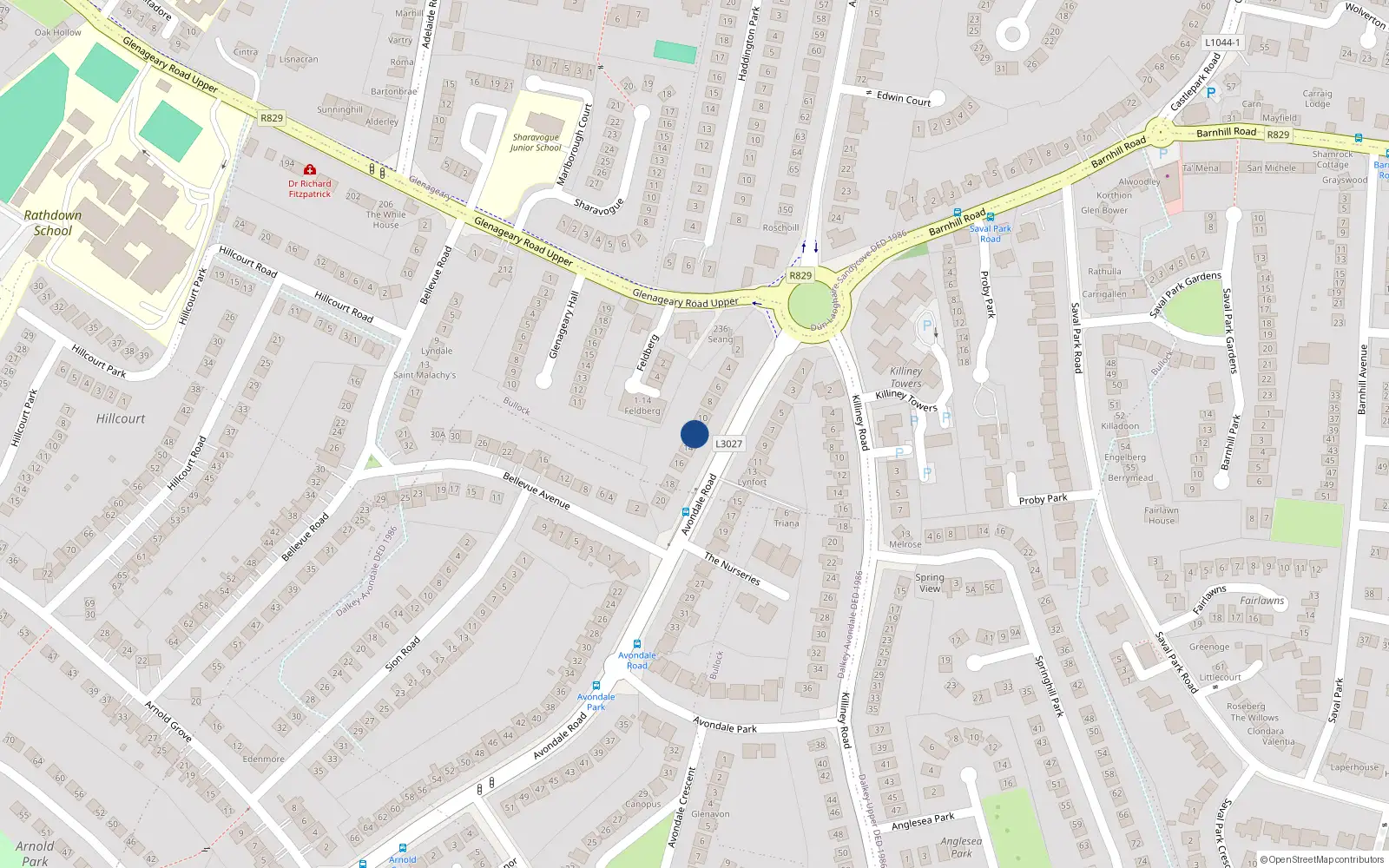 Overhead map showing the location of 12 Avondale Road, Killiney