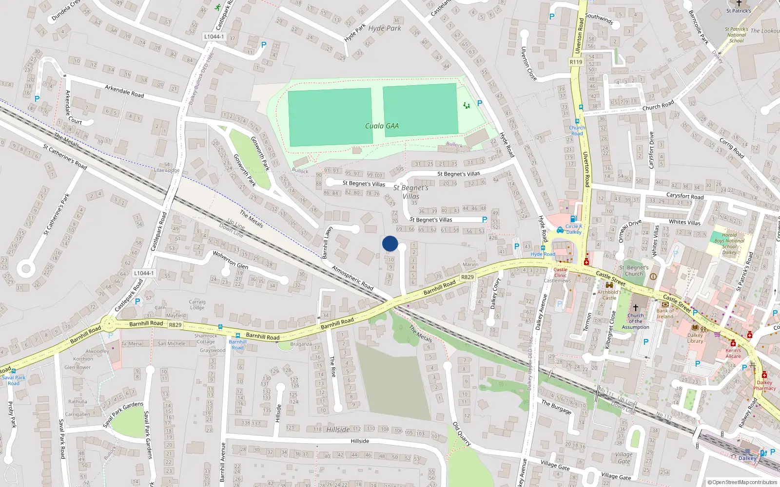 Overhead map showing the location of 12 Barnhill Grove, Dalkey