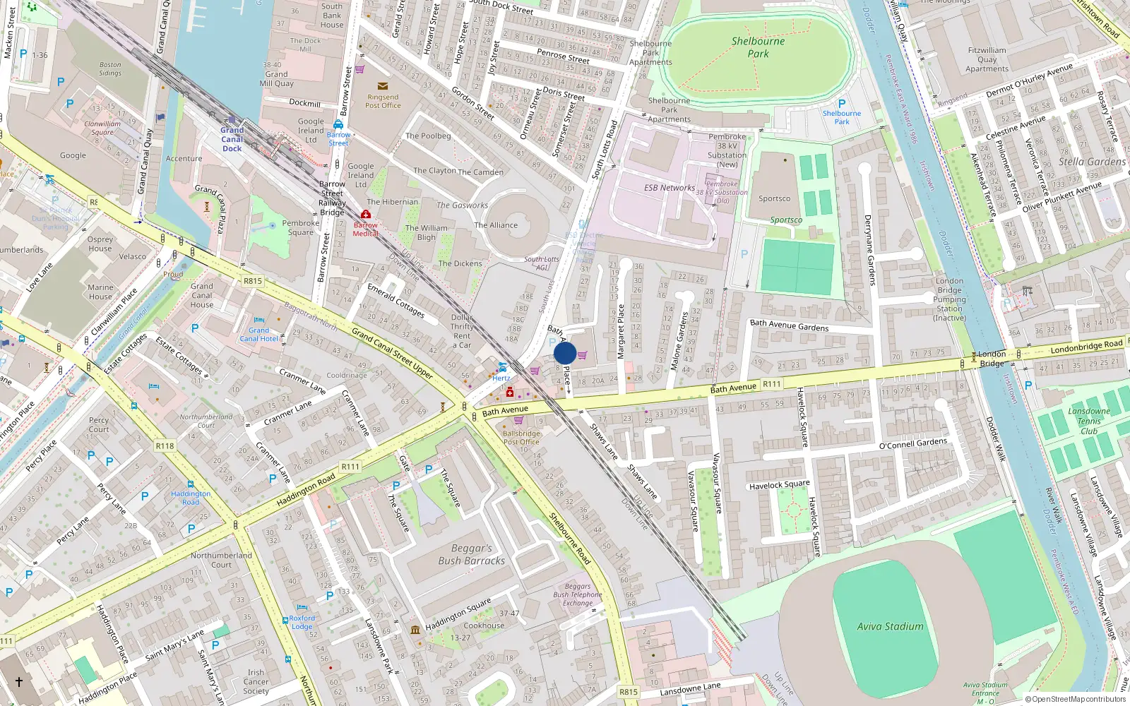 Overhead map showing the location of 12 Bath Avenue Place, Dublin 4