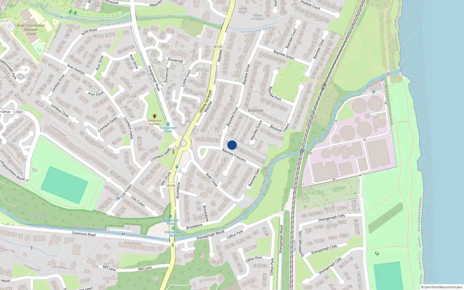 Overhead map showing the location of 12 Bayview Crescent, Killiney