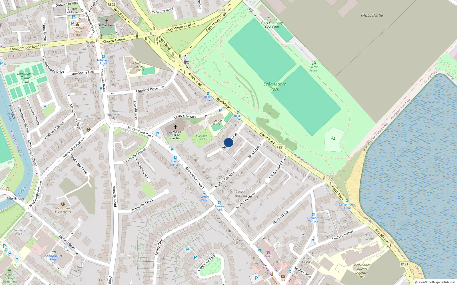 Overhead map showing the location of 12 Beach Avenue, Sandymount