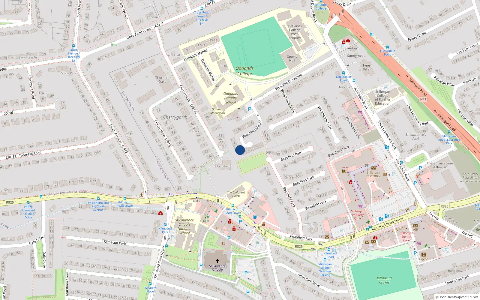 Overhead map showing the location of 12 Beaufield Manor, Stillorgan