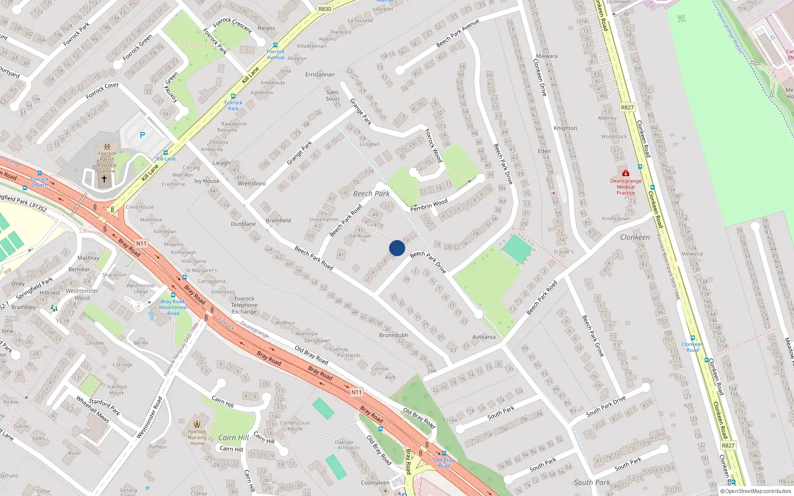 Overhead map showing the location of 12 Beech Park Drive, Dublin 18