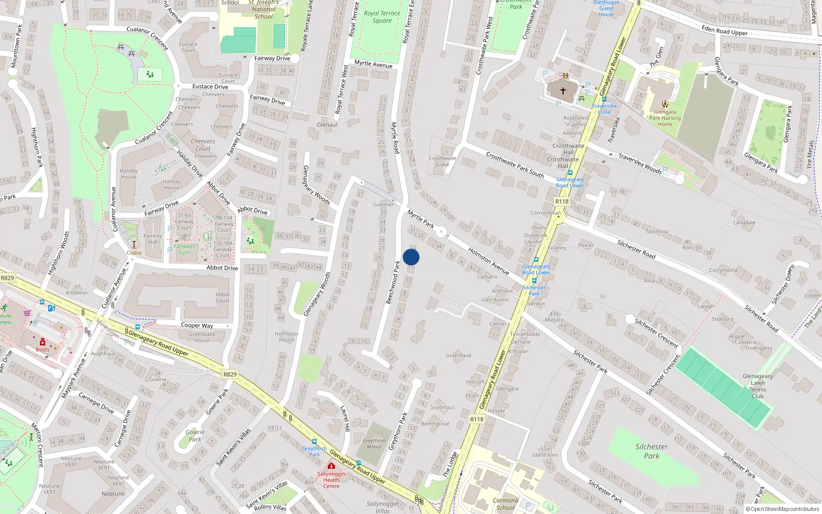 Overhead map showing the location of 12 Beechwood Park, Dun Laoghaire, Dublin
