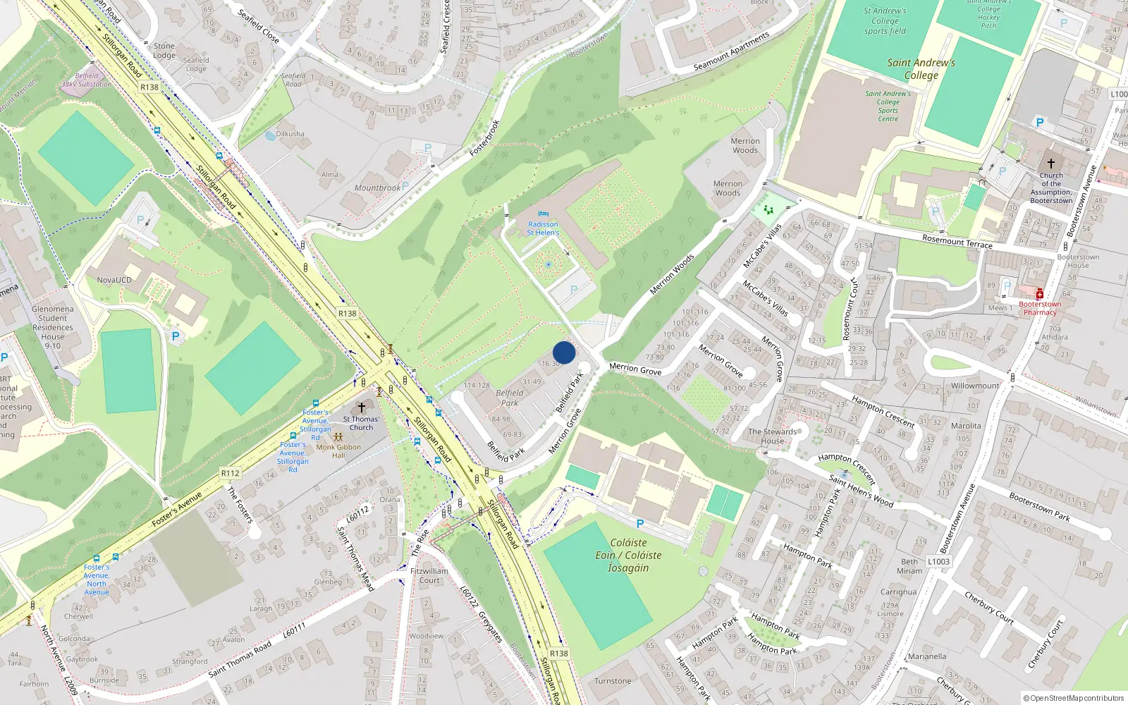 Overhead map showing the location of 12 Belfield Park, Stillorgan Road, Stillorgan