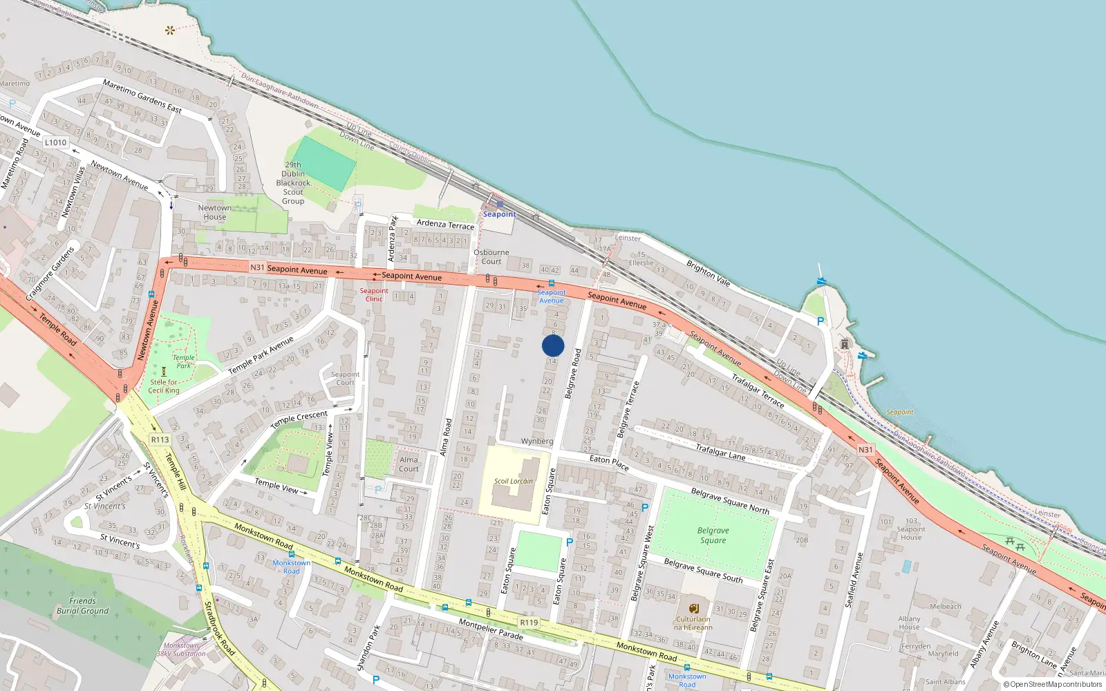 Overhead map showing the location of 12 Belgrave Road, Monkstown, Blackrock