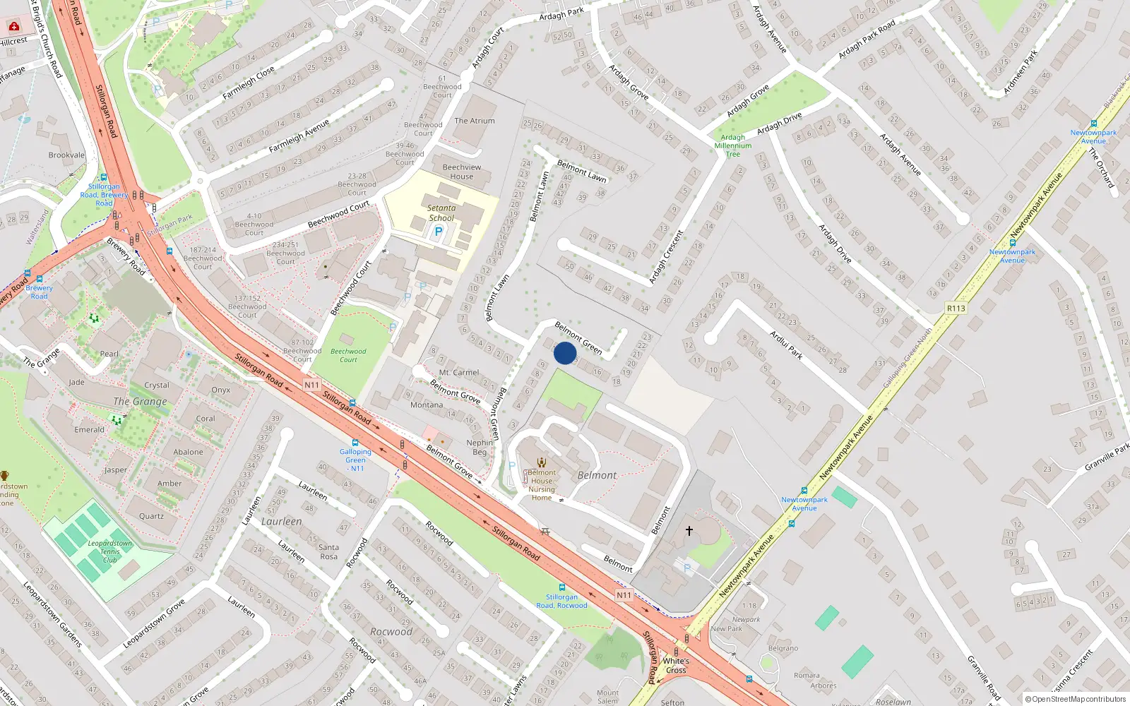 Overhead map showing the location of 12 Belmont Green, Blackrock