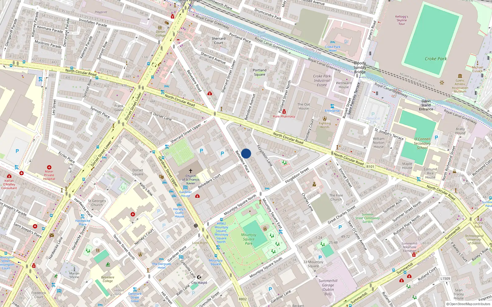 Overhead map showing the location of 12 Belvedere Place, Dublin 1