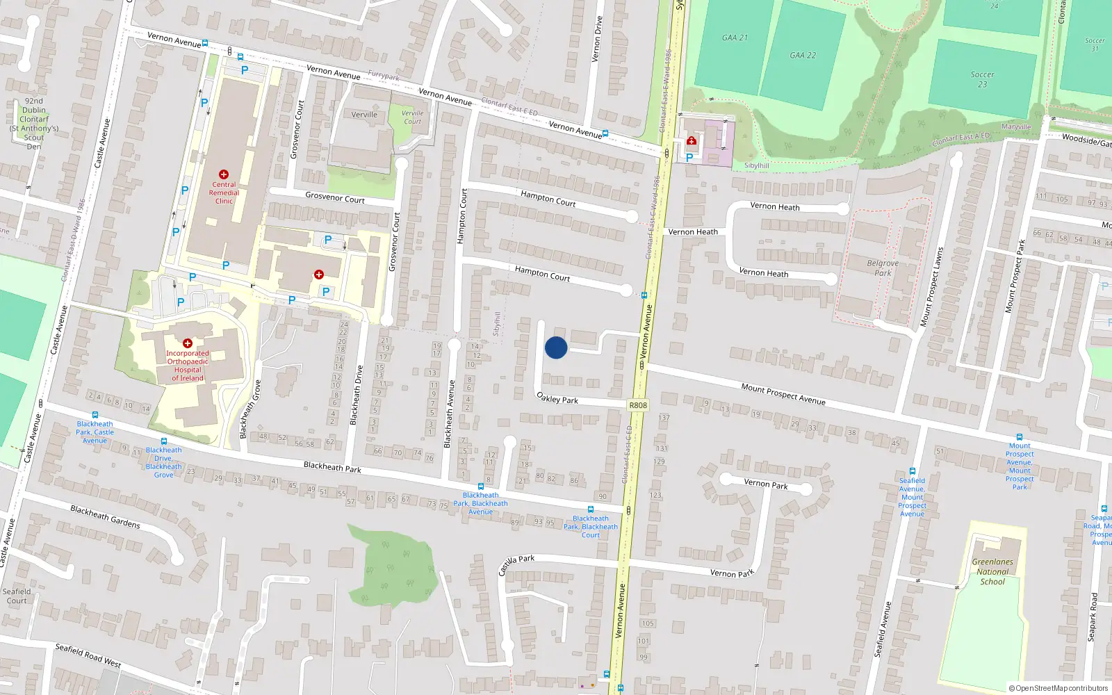 Overhead map showing the location of 12 Beverly Court, Vernon Avenue, Clontarf Dublin 3