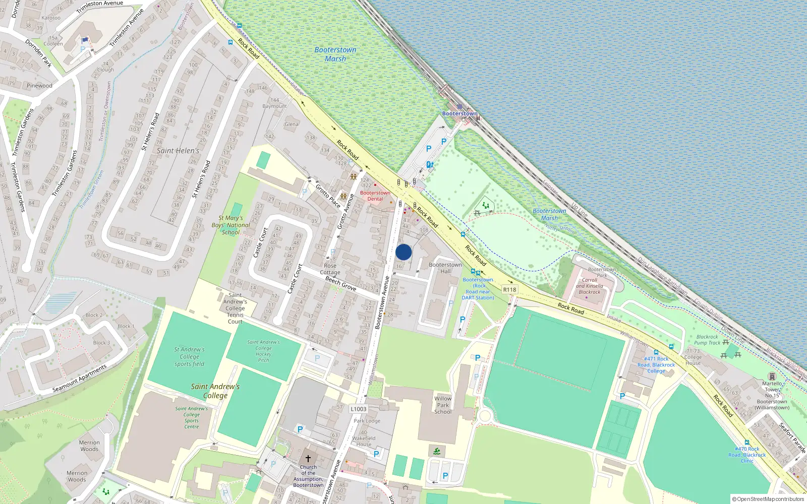 Overhead map showing the location of 12 Booterstown Avenue, Booterstown