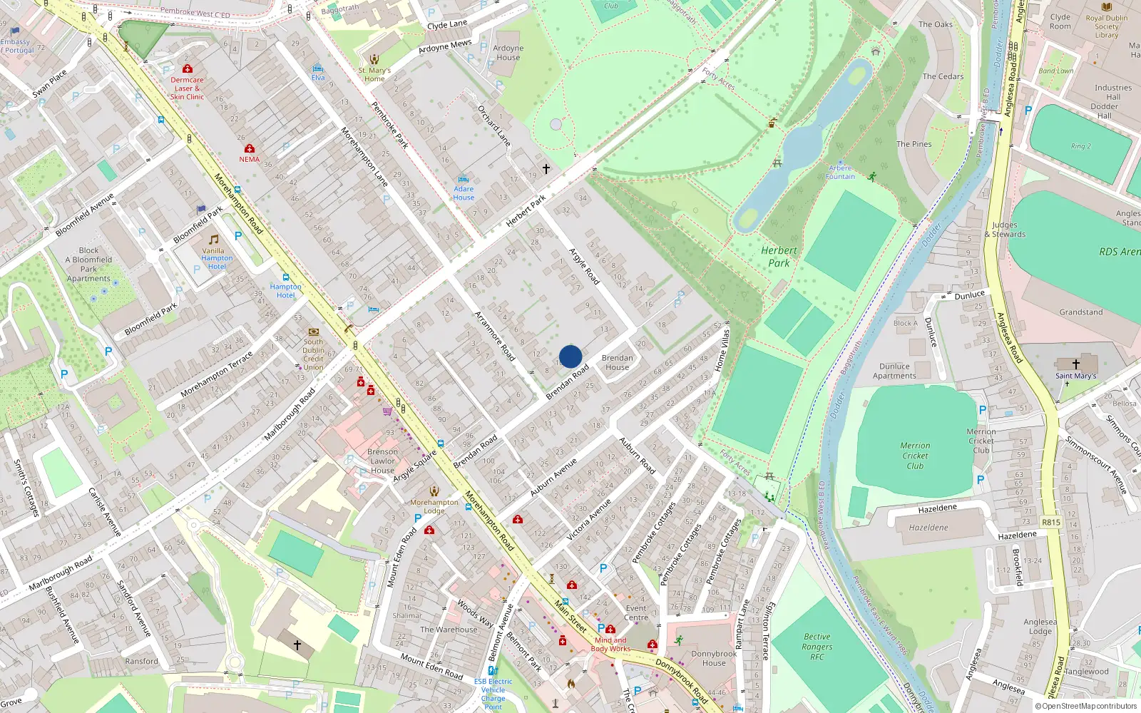 Overhead map showing the location of 12 Brendan Road, Dublin 4