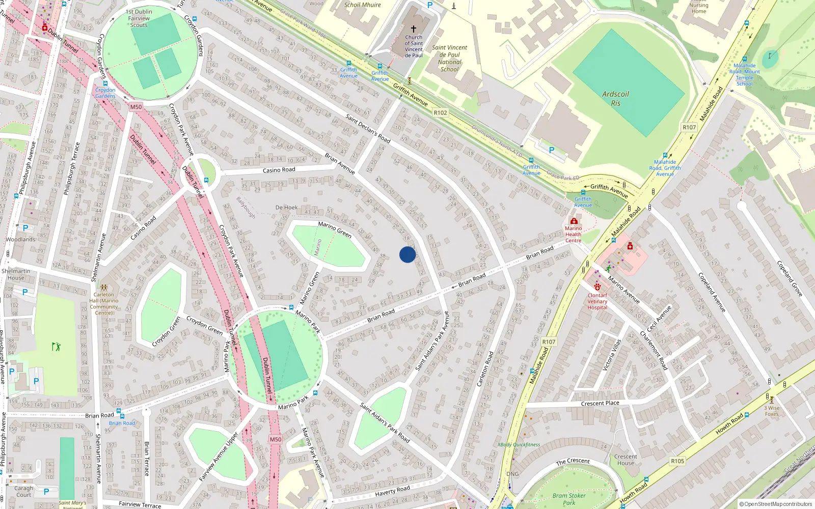 Overhead map showing the location of 12 Brian Avenue, Dublin 3