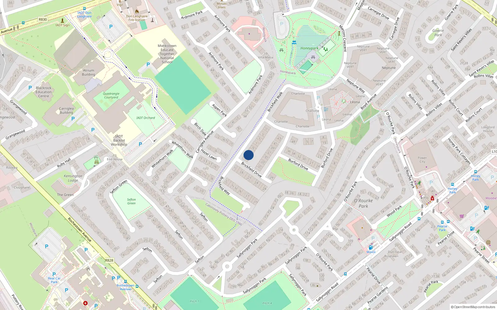 Overhead map showing the location of 12 Brickfield Drive, Dun Laoghaire