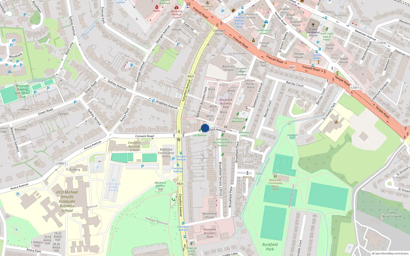 Overhead map showing the location of 12 Brookfield Avenue, Blackrock, Dublin