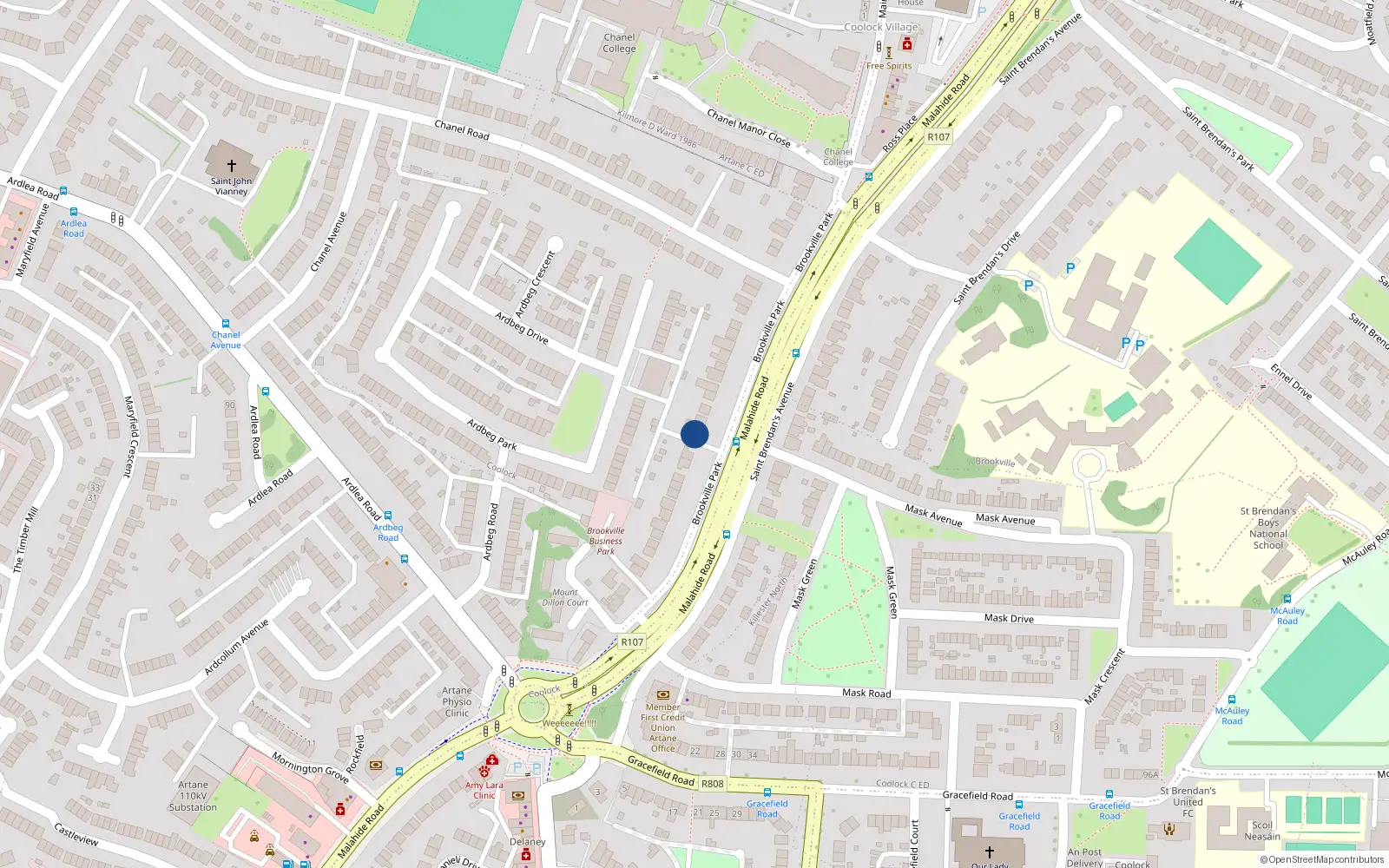 Overhead map showing the location of 12 Páirc Bhaile an tSrutháin, Dublin 5