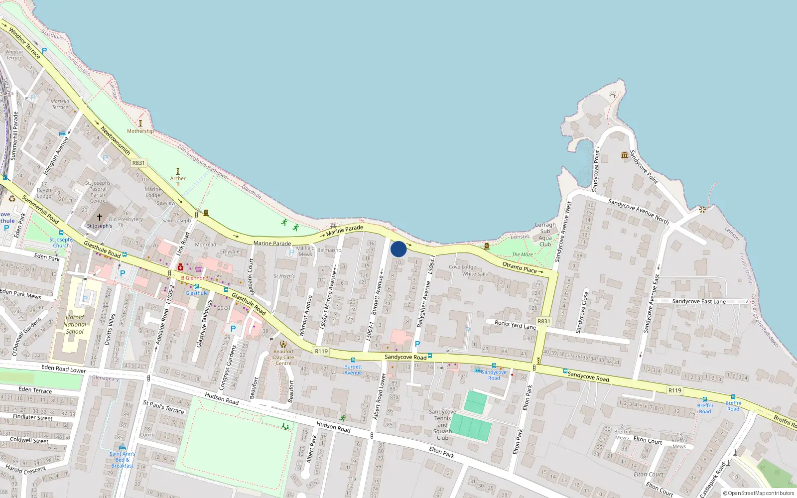 Overhead map showing the location of 12 Burdett Avenue, Sandycove, Dublin