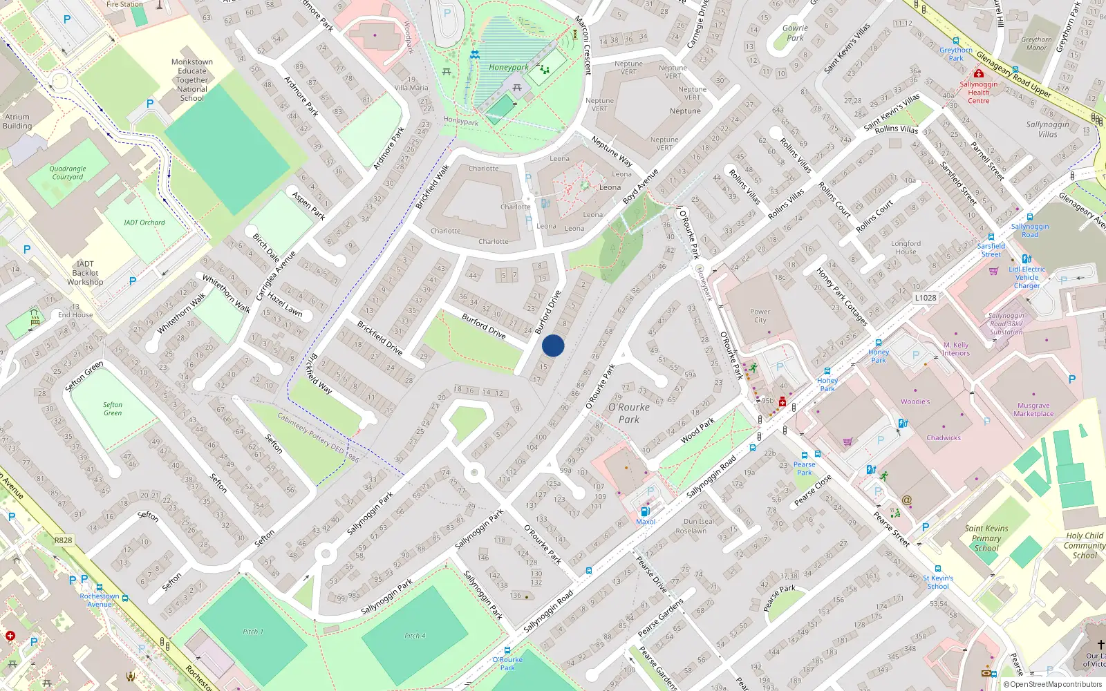 Overhead map showing the location of 12 Burford Drive, Dun Laoghaire