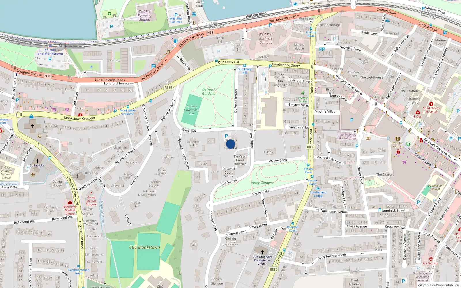 Overhead map showing the location of 12 Cambria de Vesci Court, Sloperton, Dun Laoghaire