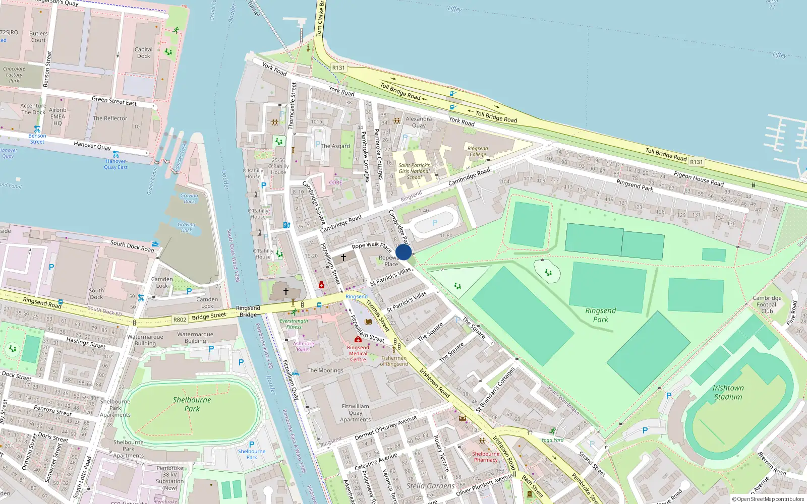 Overhead map showing the location of 12 Cambridge Park, Ringsend
