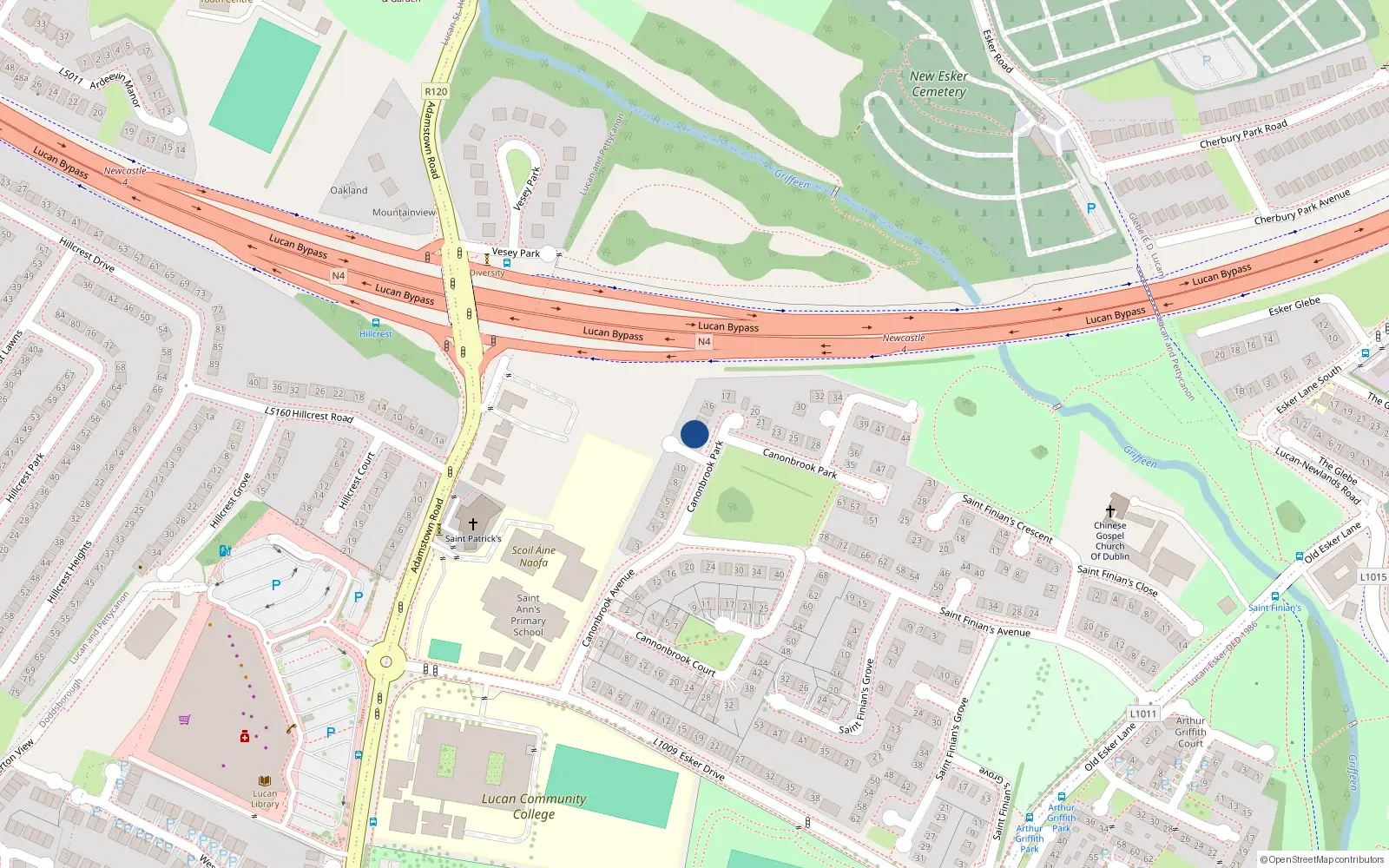 Overhead map showing the location of 12 Cannonbrook Park, Lucan, Dublin