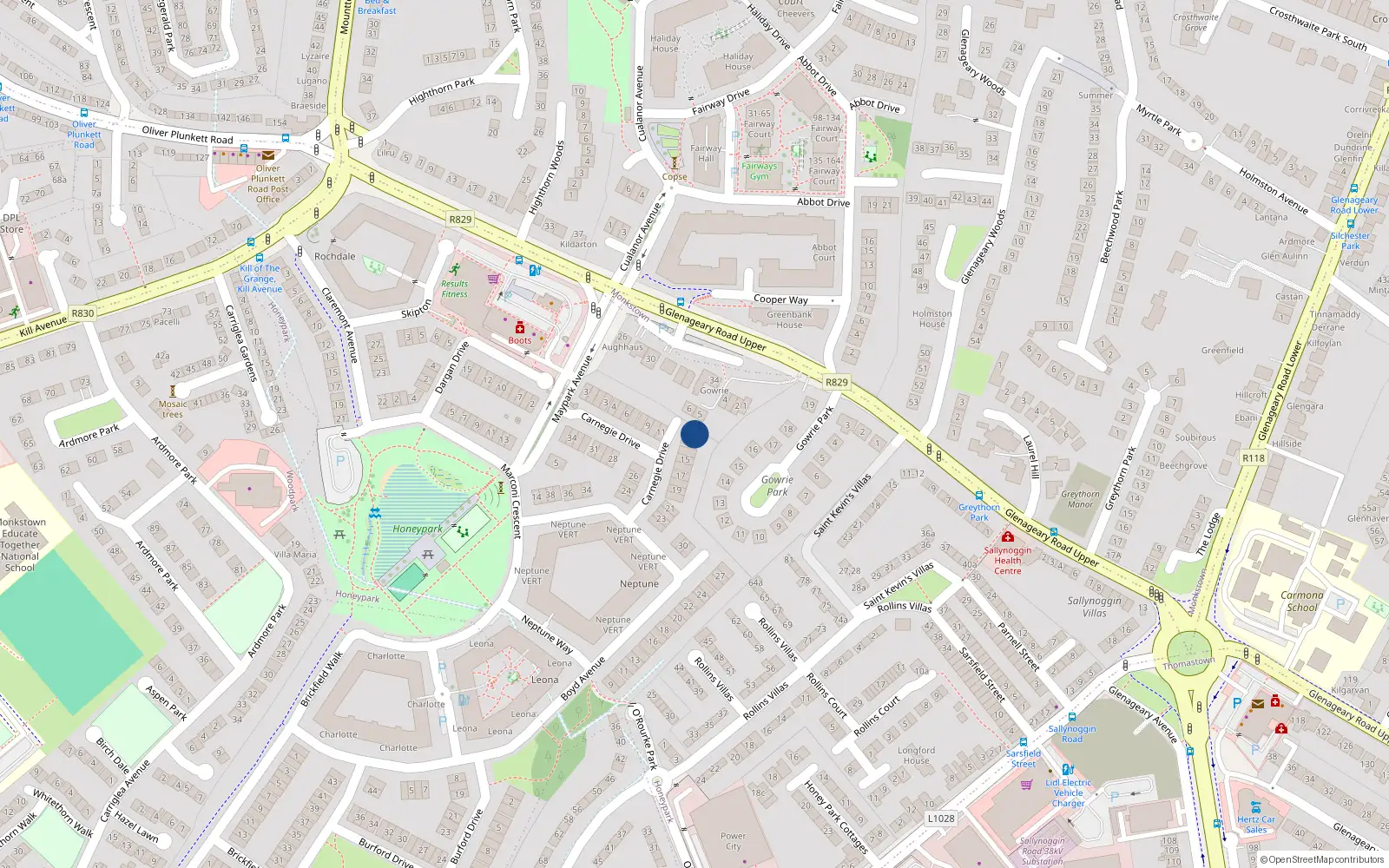 Overhead map showing the location of 12 Carnegie Drive, Dun Laoghaire