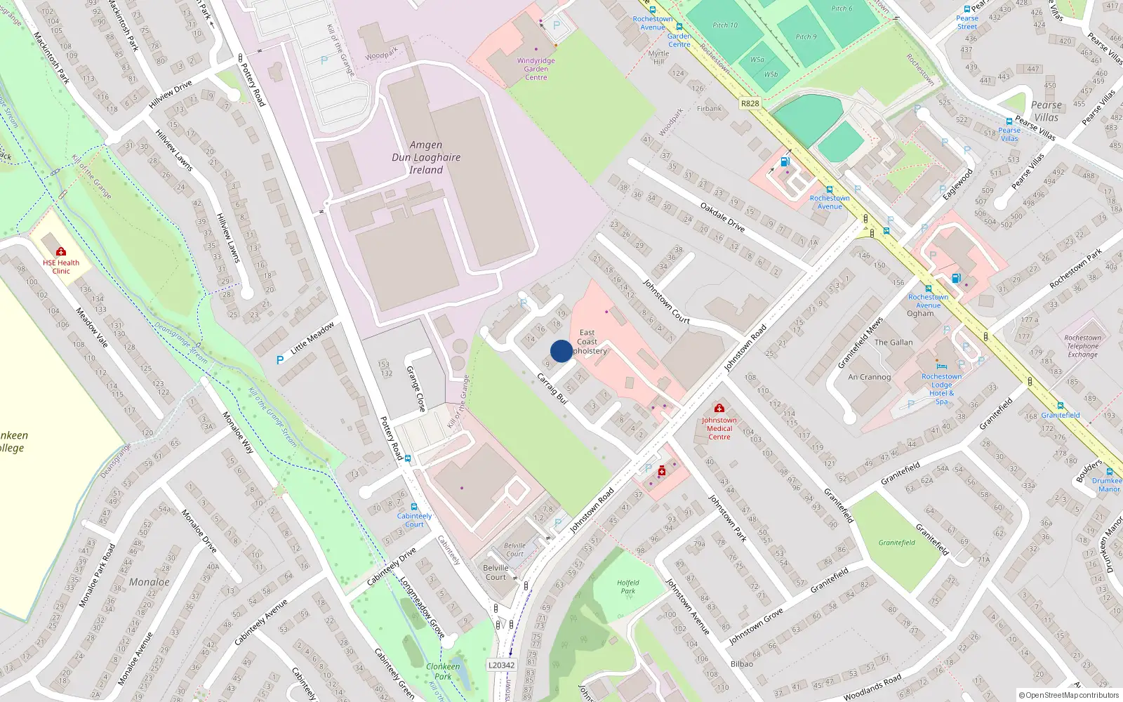 Overhead map showing the location of 12 Carraig Bui, Johnstown Road, Cabinteely