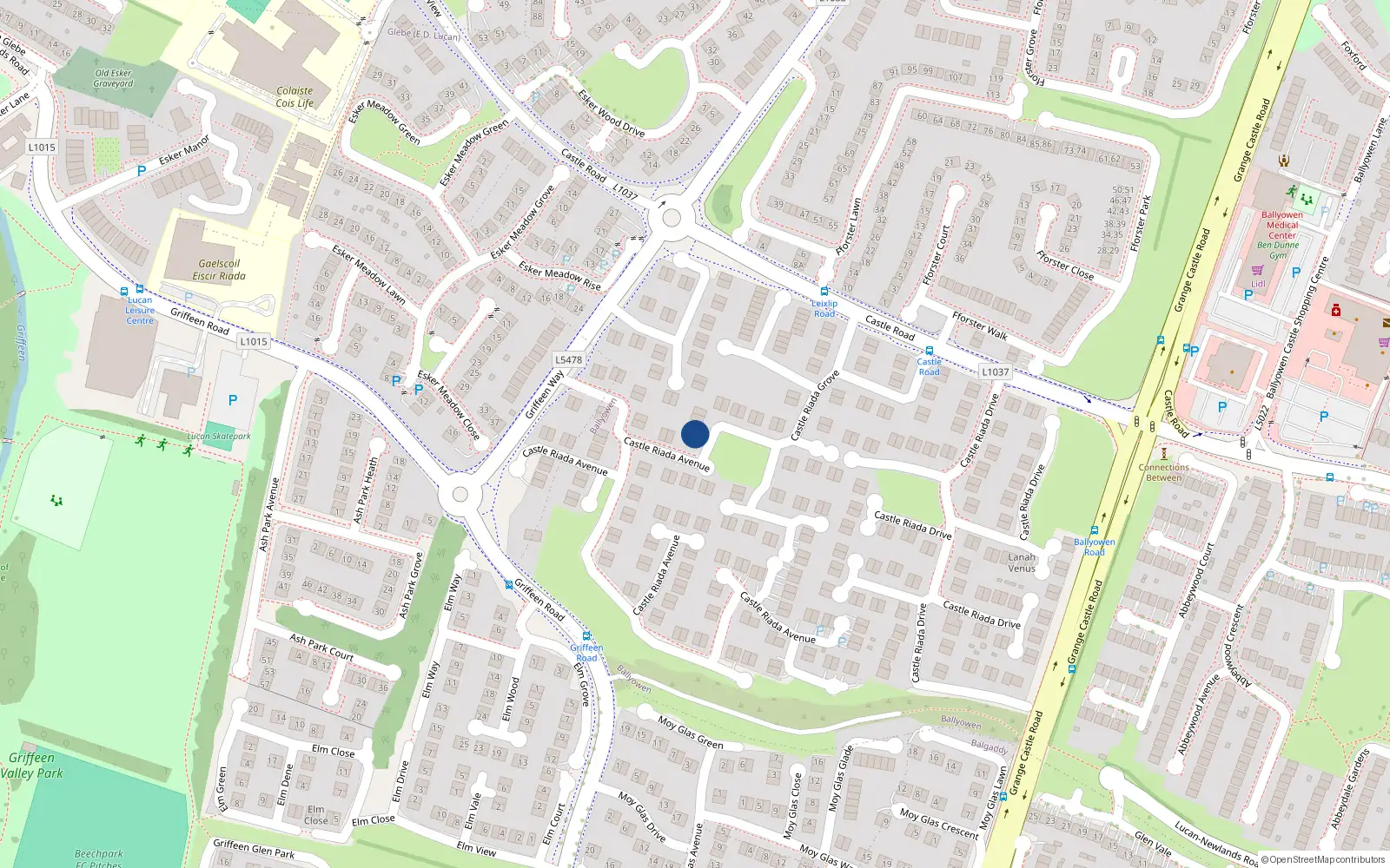 Overhead map showing the location of 12 Castle Riada Avenue, Lucan, Dublin