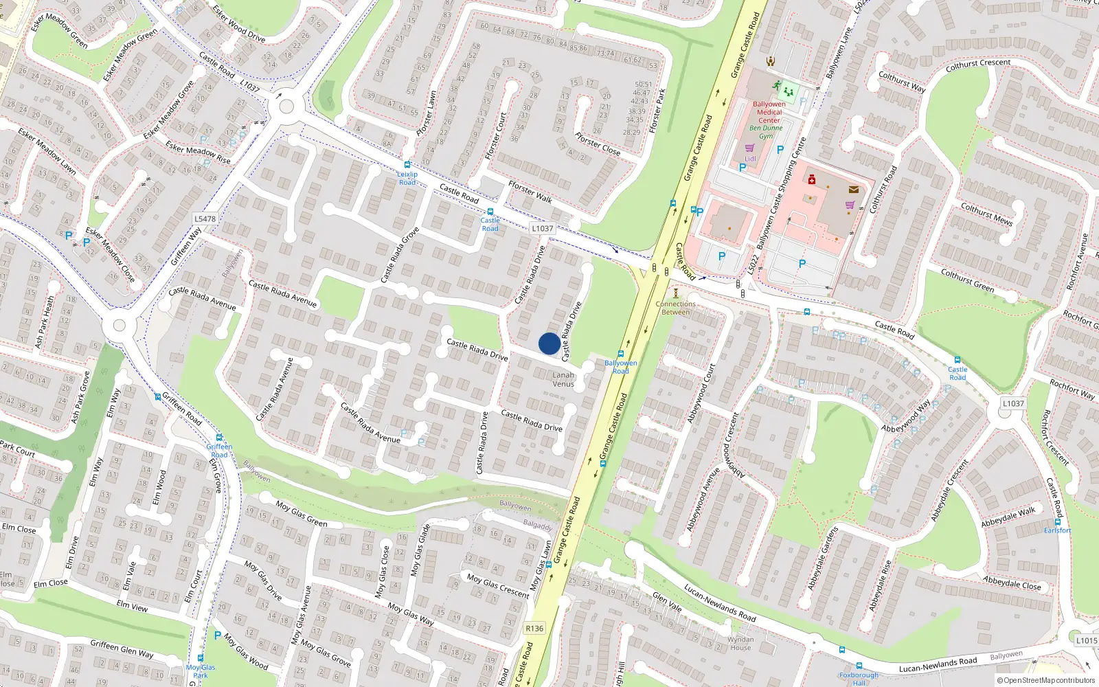 Overhead map showing the location of 12 Castle Riada Drive, Lucan