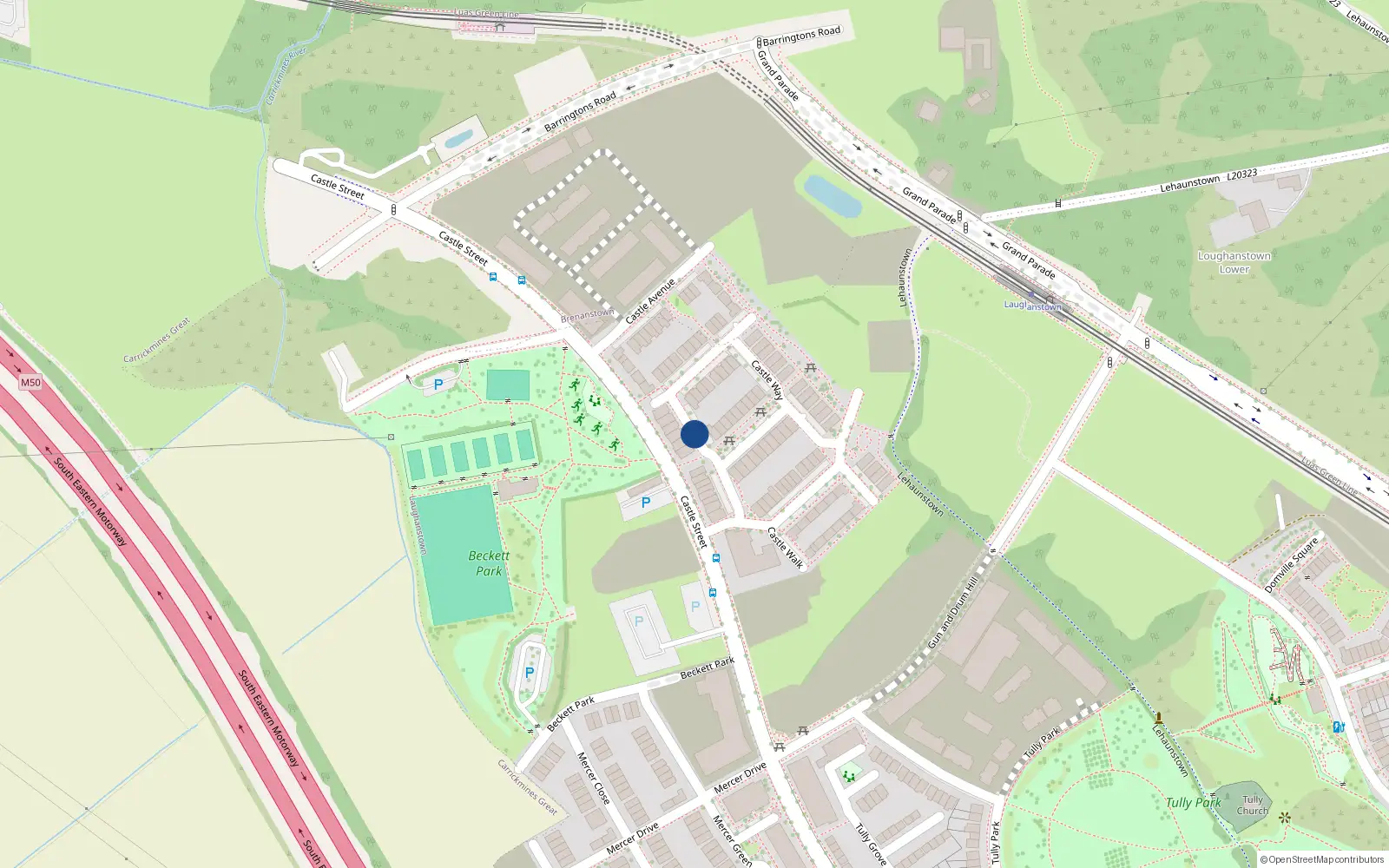 Overhead map showing the location of 12 Castle Way, Laughanstown