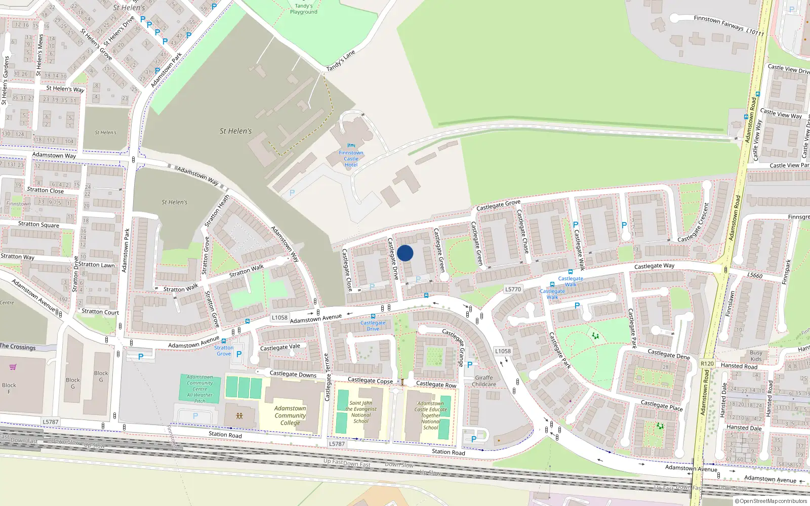 Overhead map showing the location of 12 Castlegate Drive, Adamstown, Lucan