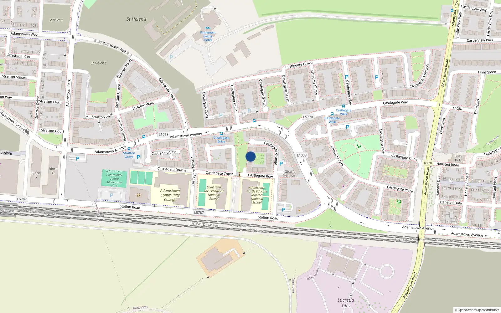 Overhead map showing the location of 12 Castlegate Row, Adamstown, Lucan