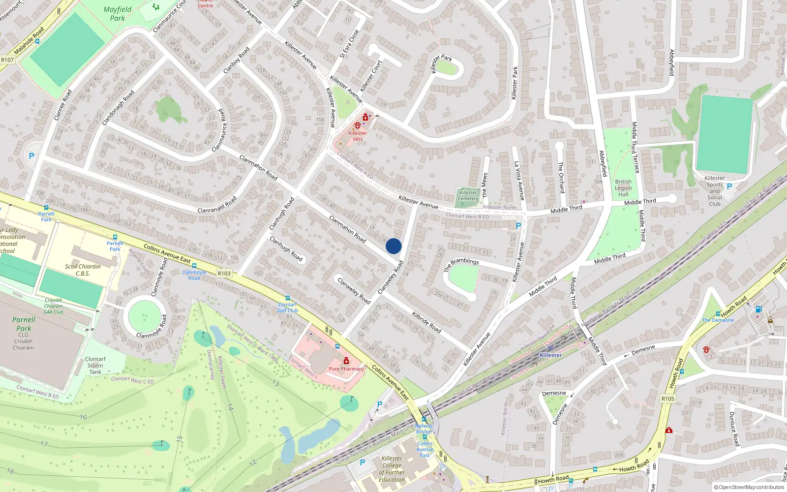 Overhead map showing the location of 12 Clanawley Road, Killester, Dublin 5