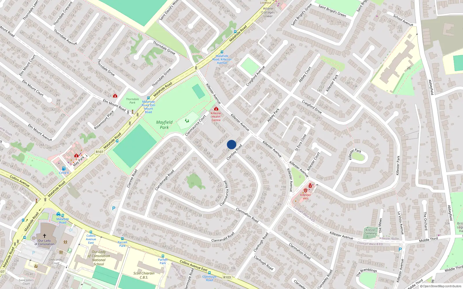 Overhead map showing the location of 12 Clanboy Road, Dublin 5