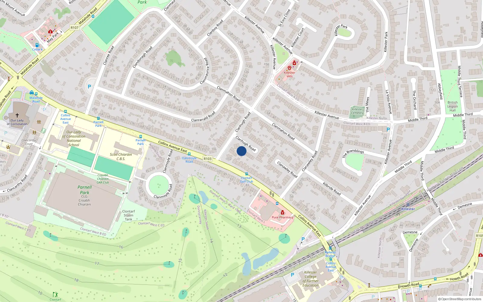 Overhead map showing the location of 12 Clanhugh Road, Donnycarney, Dublin 5
