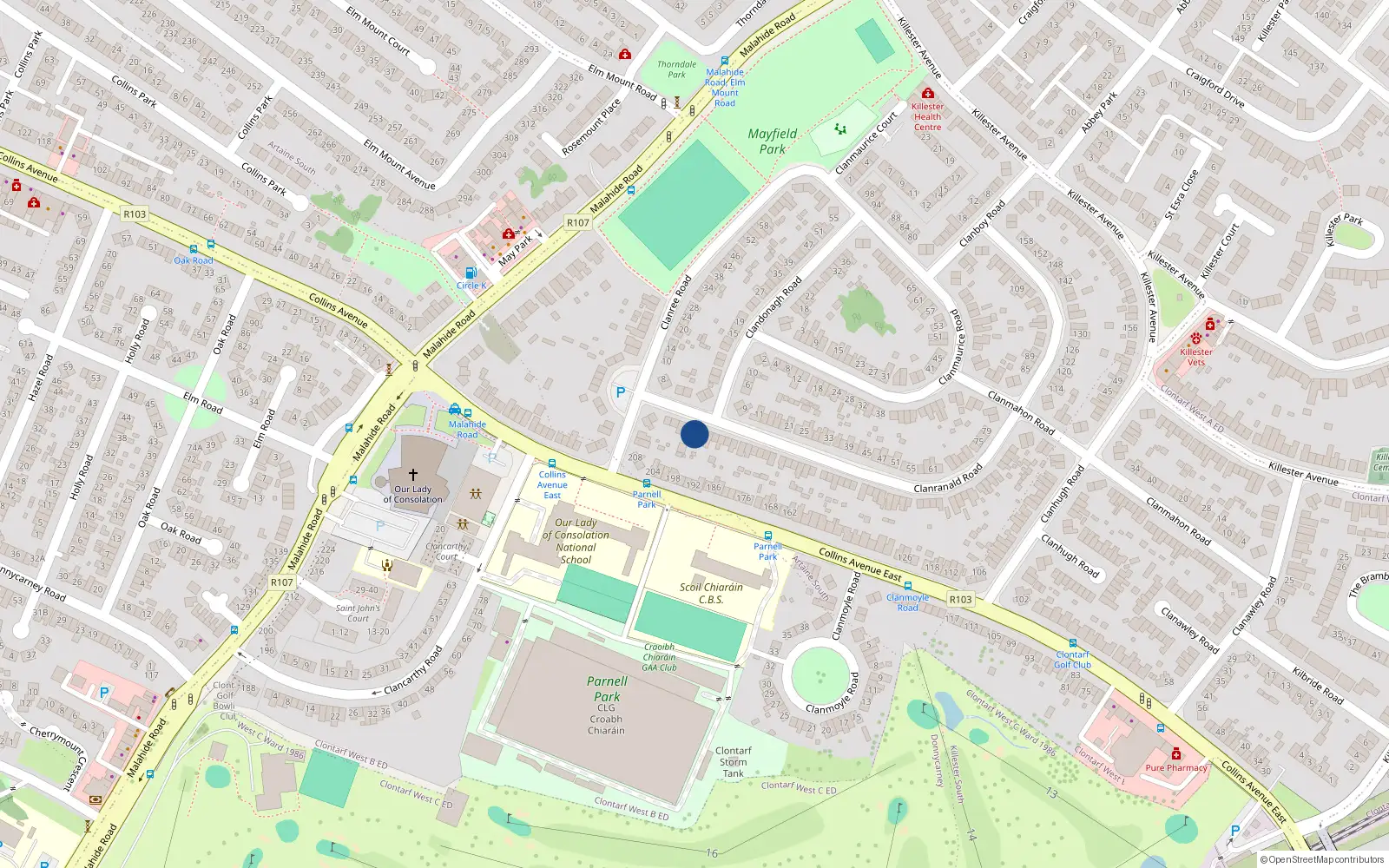 Overhead map showing the location of 12 Clanronald Road, Donnycarney, Dublin 5