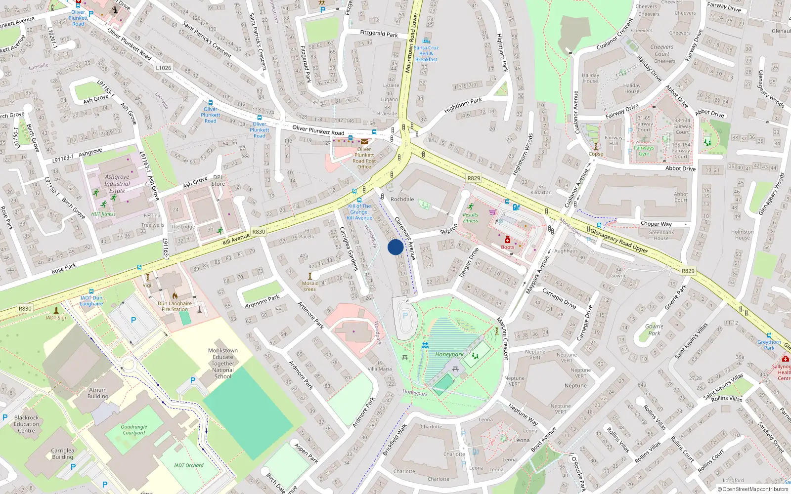 Overhead map showing the location of 12 Claremont Avenue, Dun Laoghaire