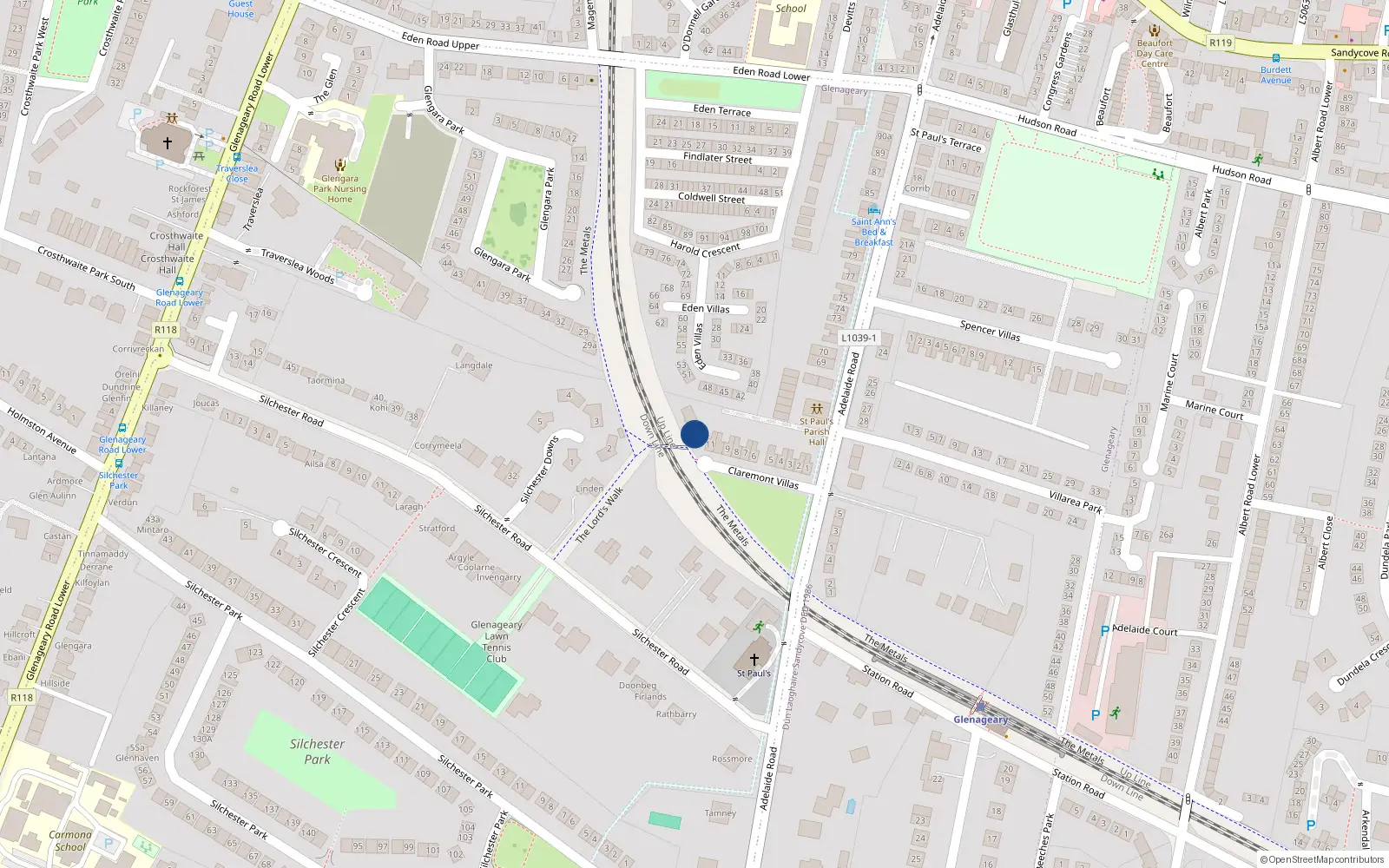 Overhead map showing the location of 12 Claremont Court, Adelaide Road, Glenageary