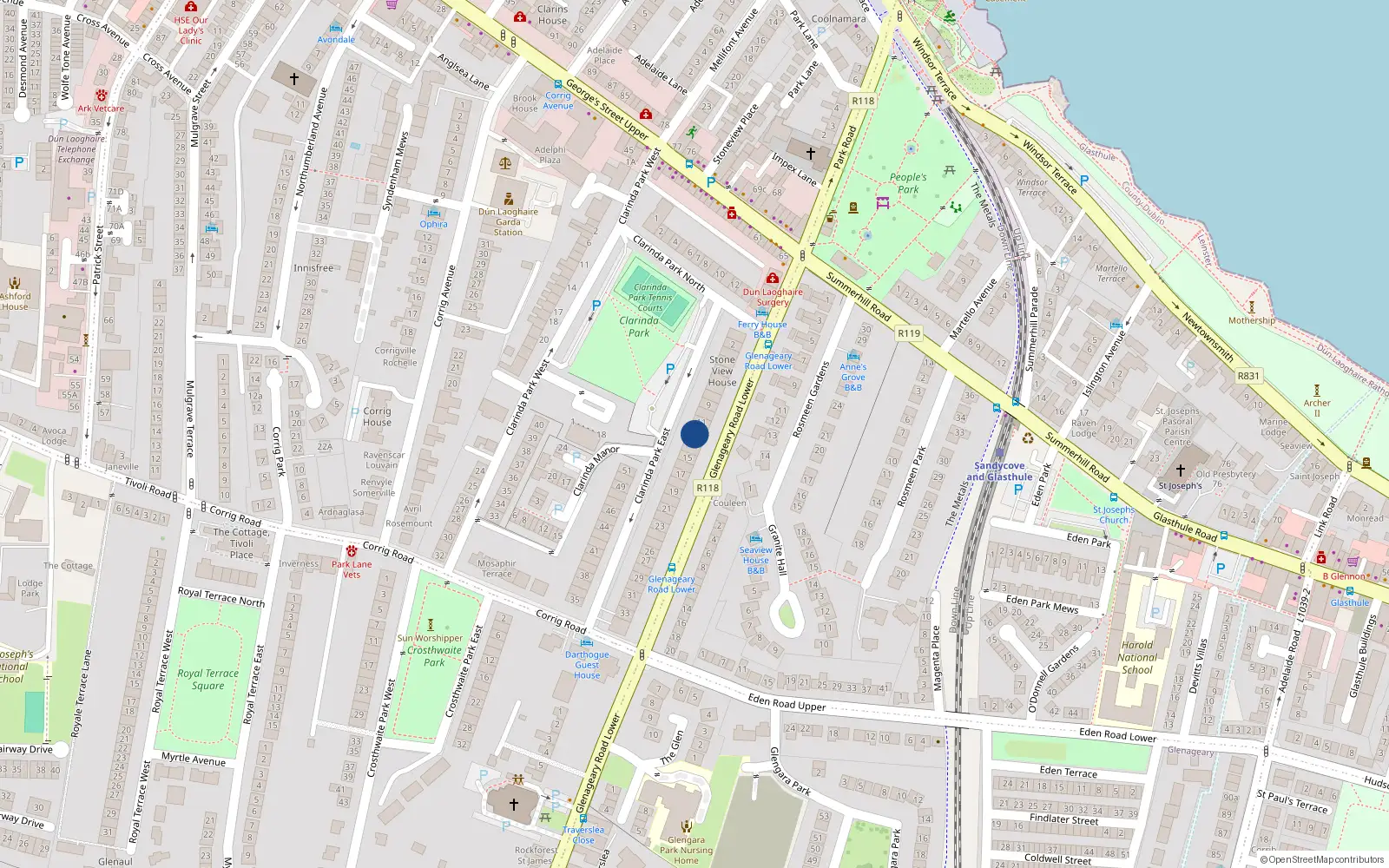 Overhead map showing the location of 12 Clarinda Park East, Co Dublin