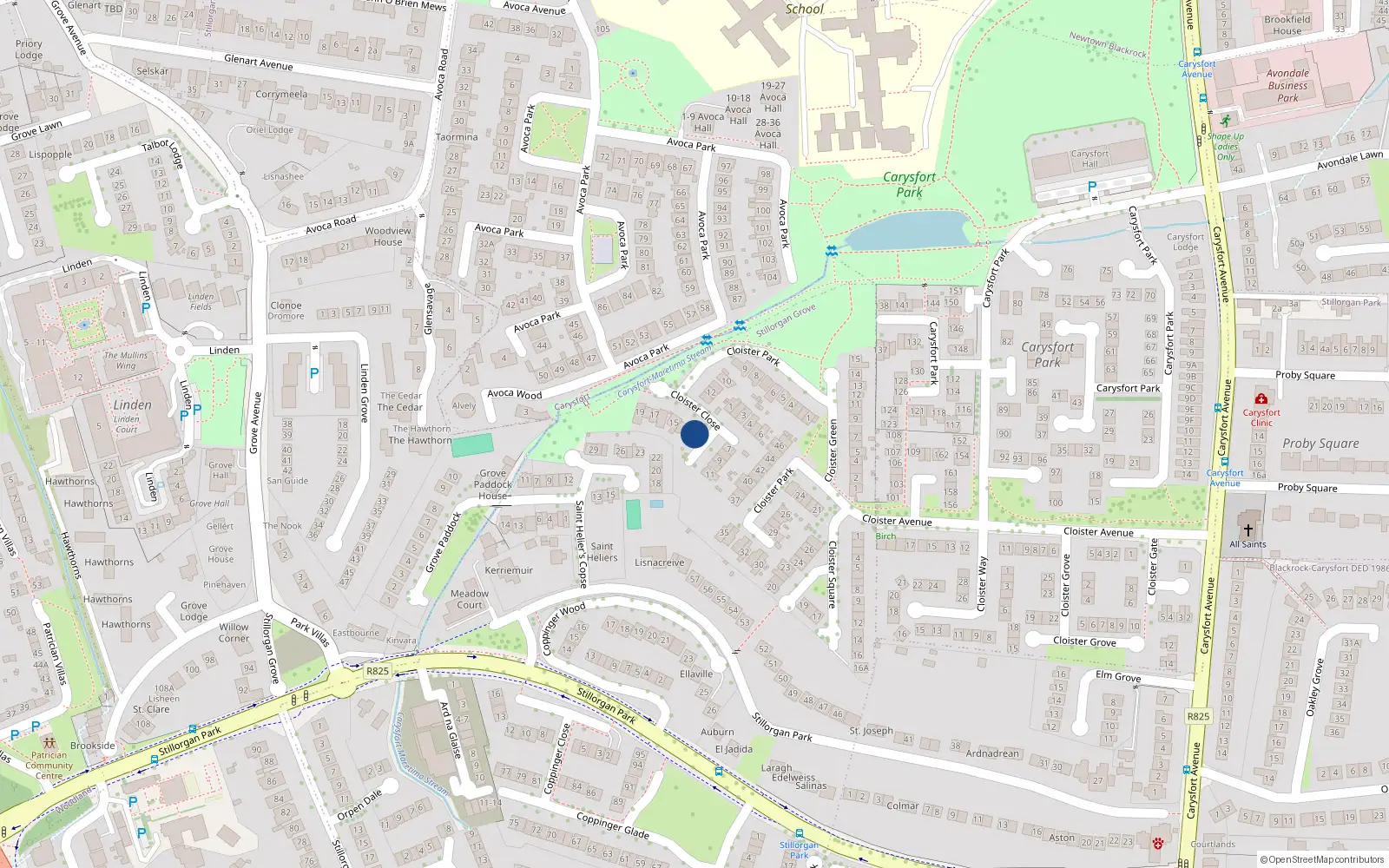 Overhead map showing the location of 12 Cloister Close, Blackrock