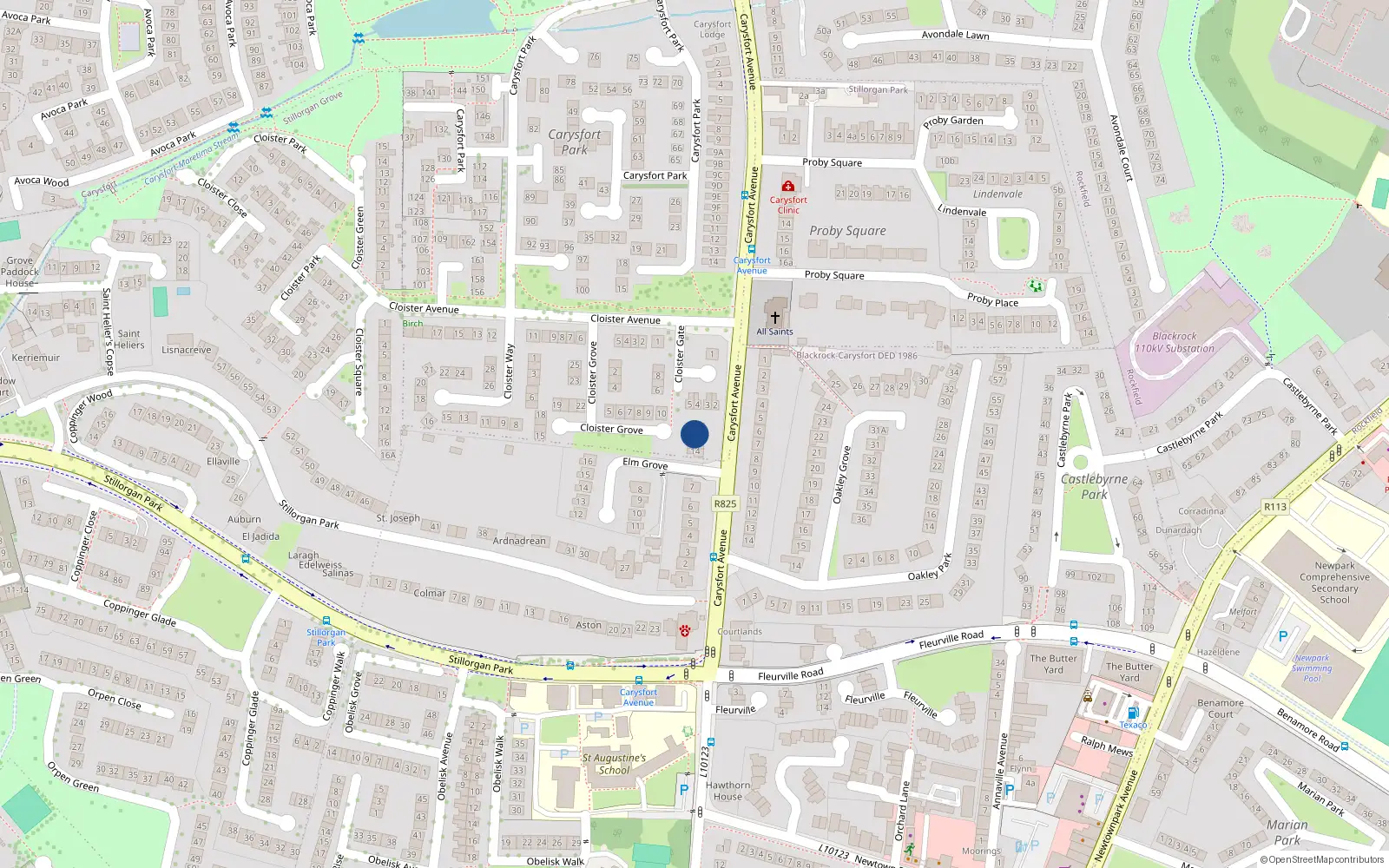 Overhead map showing the location of 12 Cloister Grove, Blackrock, Dublin