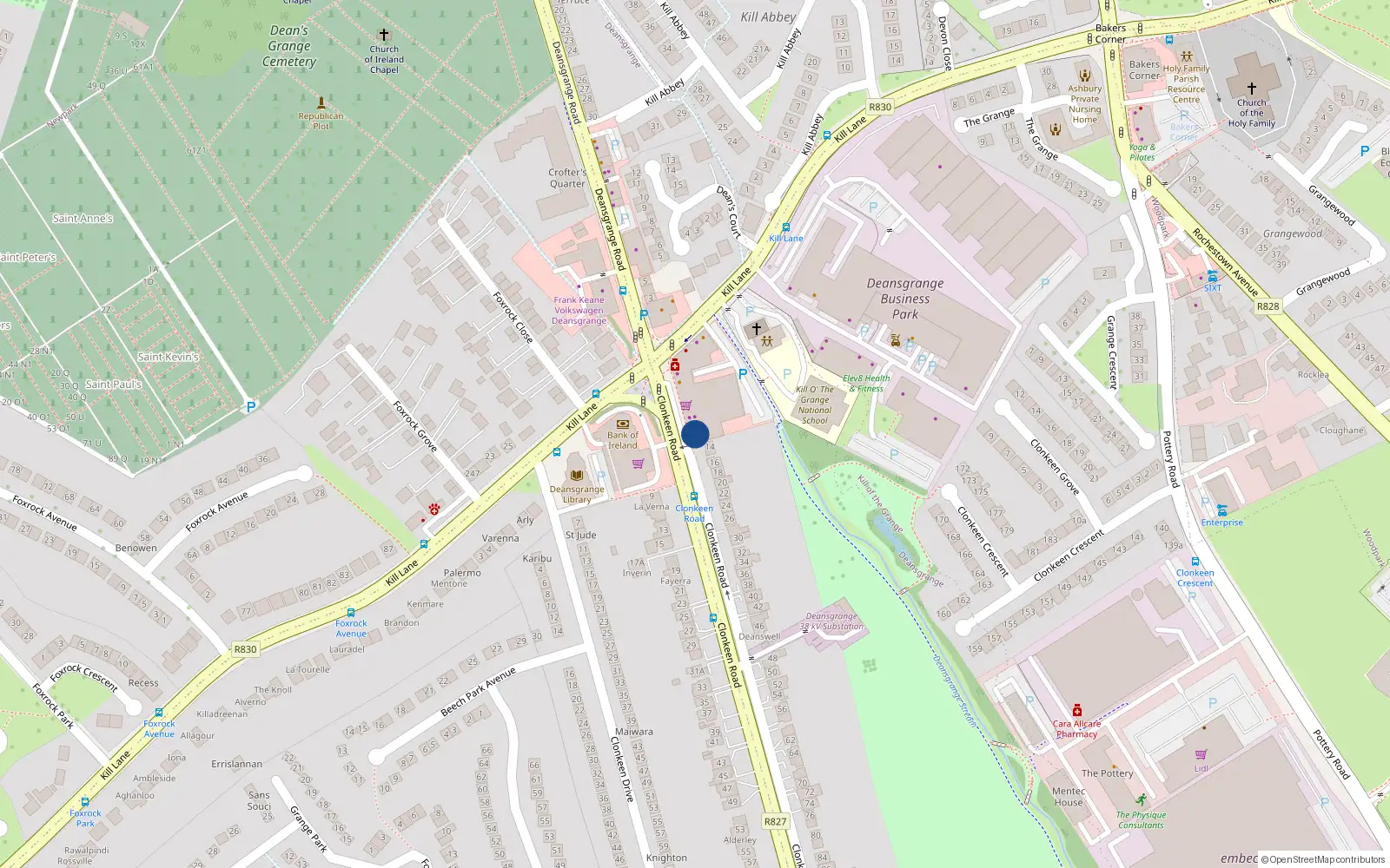 Overhead map showing the location of 12 Clonkeen Road, Dublin