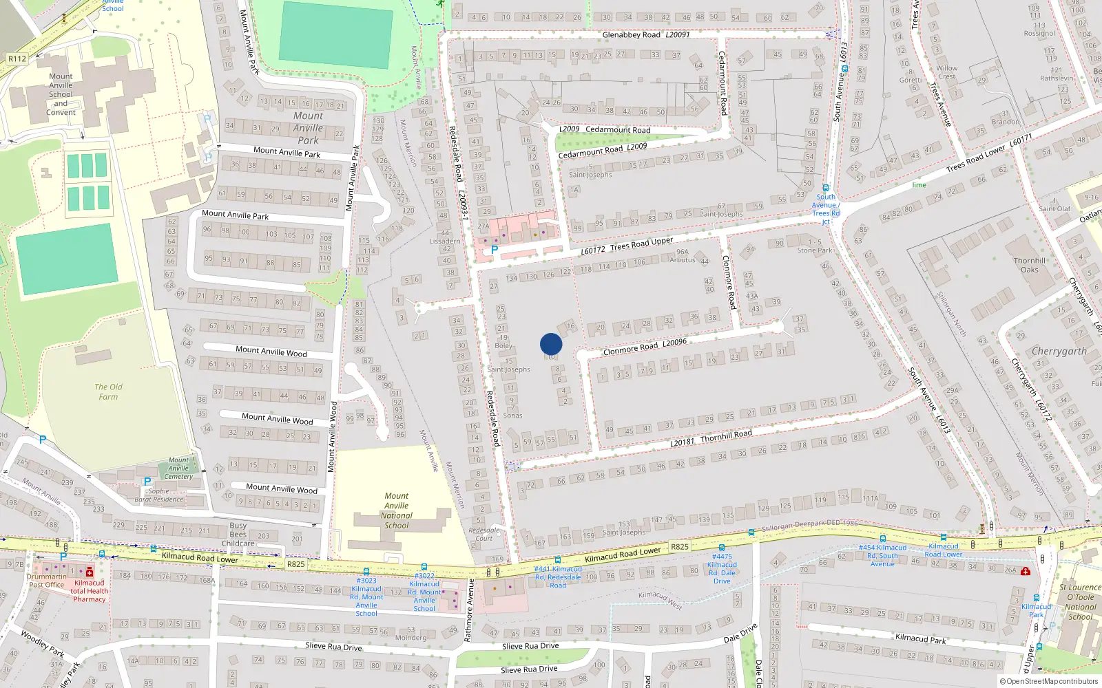 Overhead map showing the location of 12 Clonmore Road, Blackrock