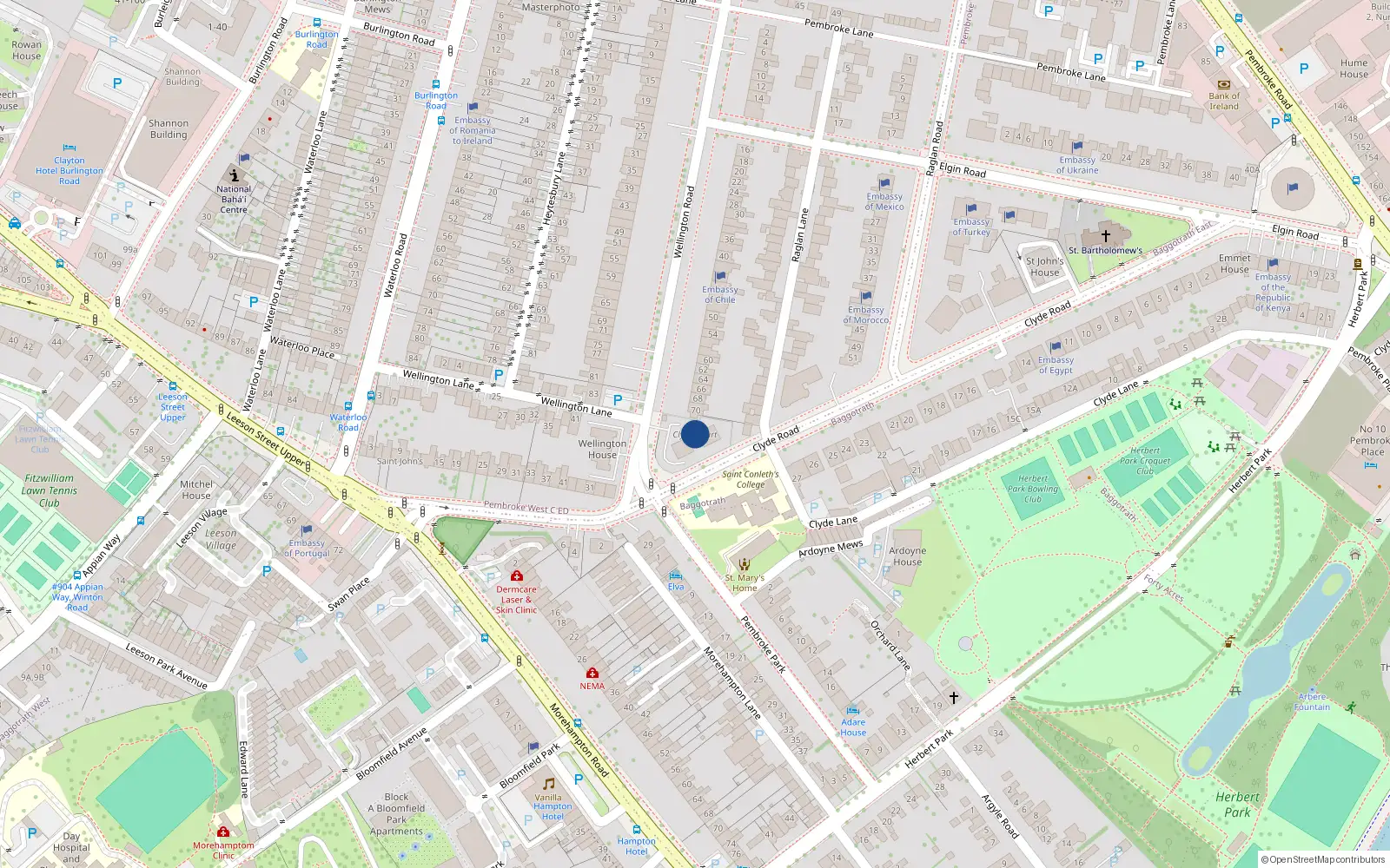 Overhead map showing the location of 12 Clyde Court, Clyde Road, Dublin 4