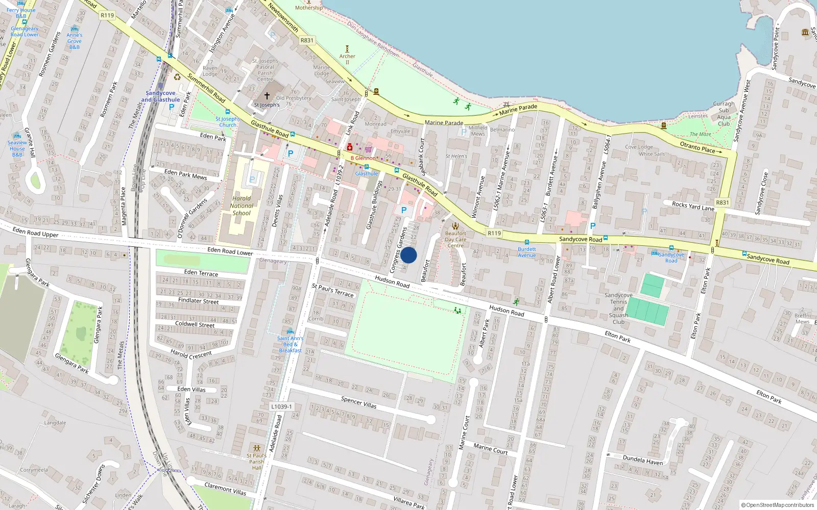 Overhead map showing the location of 12 Congress Gardens, Glasthule, Dublin