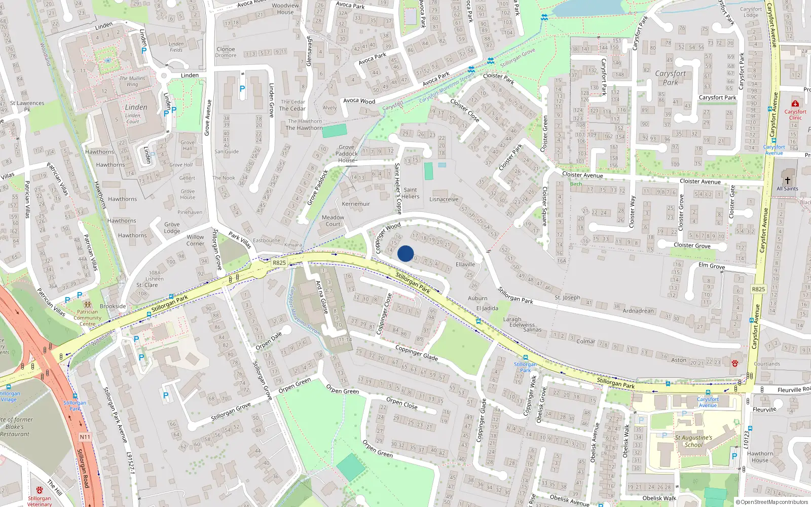Overhead map showing the location of 12 Coppinger Wood, Dublin