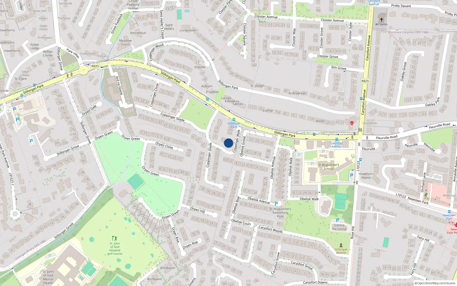 Overhead map showing the location of 12 Coppinger Walk, Blackrock, Dublin
