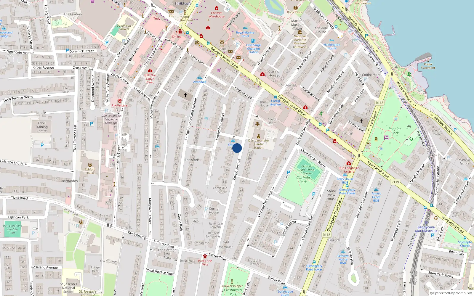 Overhead map showing the location of 12 Corrig Avenue, Co Dublin