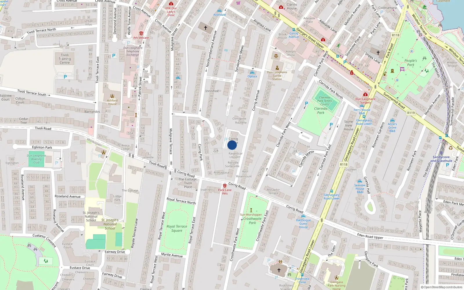 Overhead map showing the location of 12 Corrig House, Corrig Avenue, Dun Laoghaire