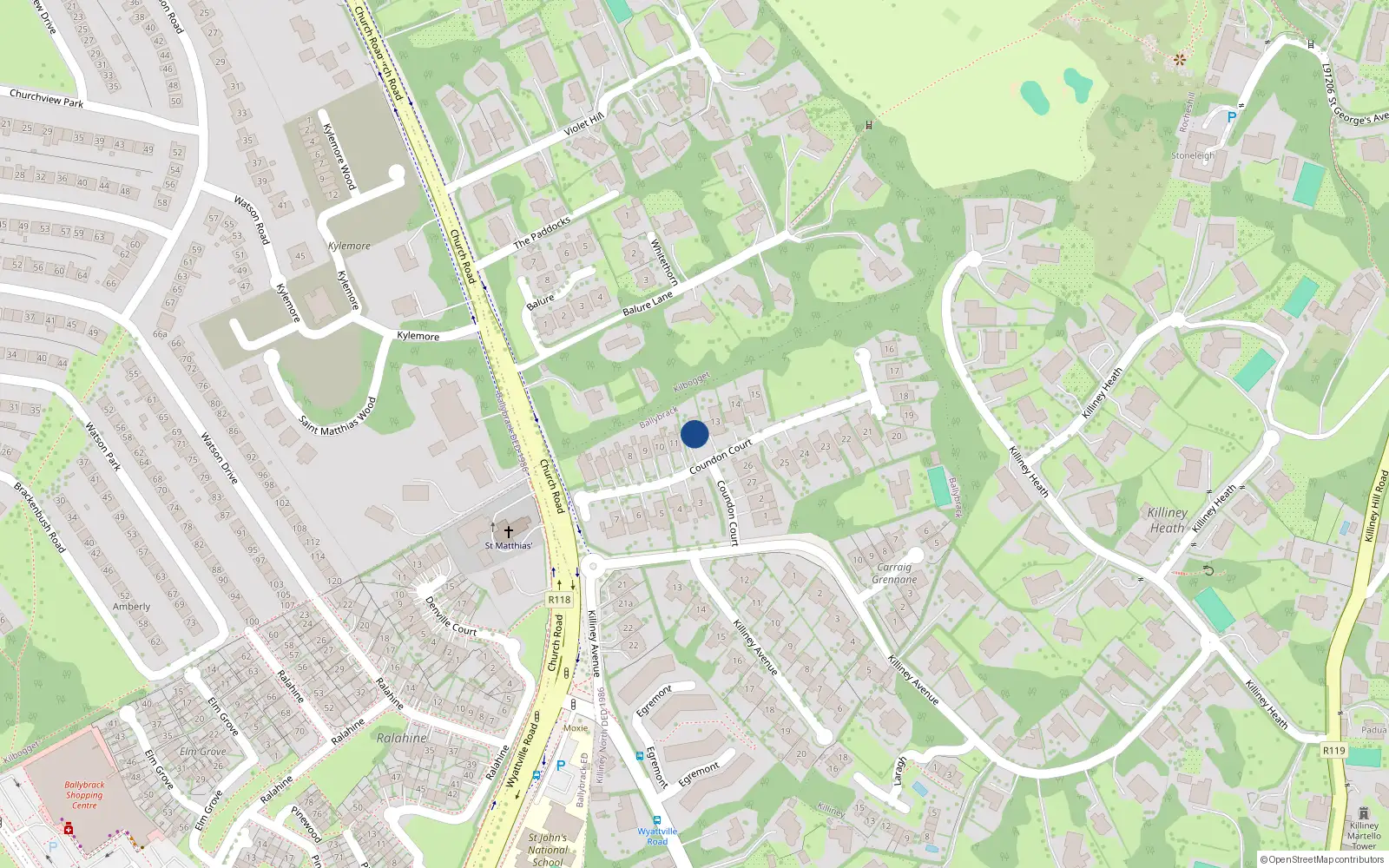 Overhead map showing the location of 12 Coundon Court, Killiney