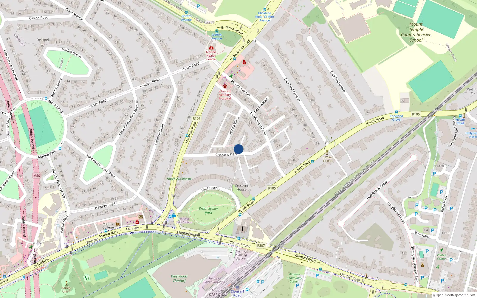 Overhead map showing the location of 12 Crescent Place, Dublin 3